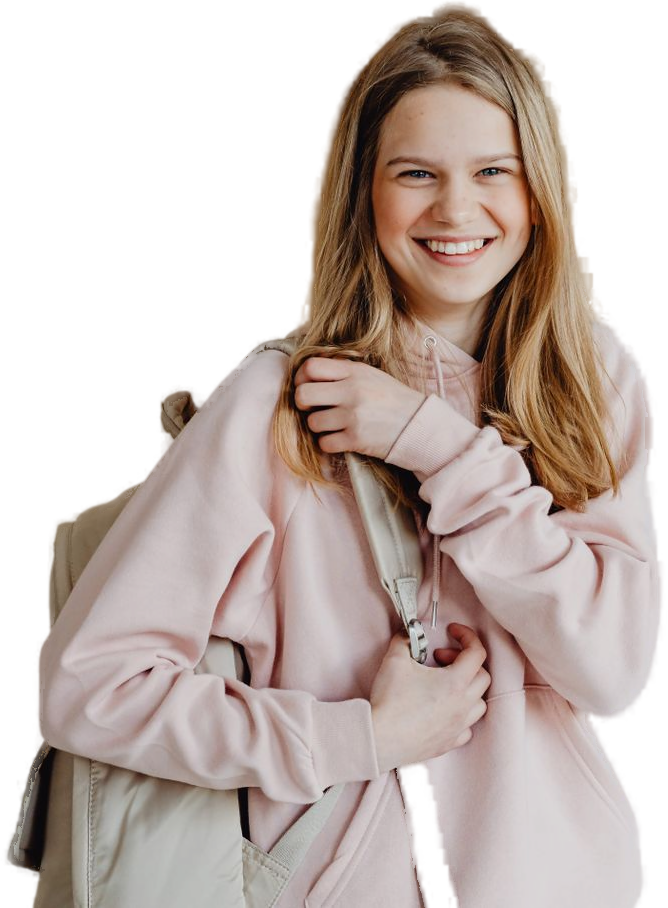 A smiling student with her school bag